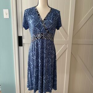 L.L.Bean Blue Wrap Dress Med Petite Stretch V Neck Empire Waist Casual Work Soft